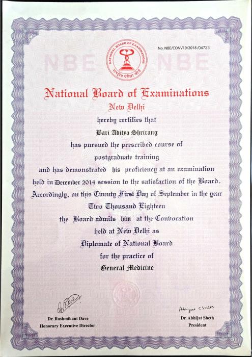 DNB MEDICINE Certificate (NBE, New Delhi)